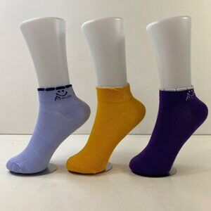 Womens Ankle Socks Set 3 Smiley Face "Amor" Design Solid Lavender Yellow Blue